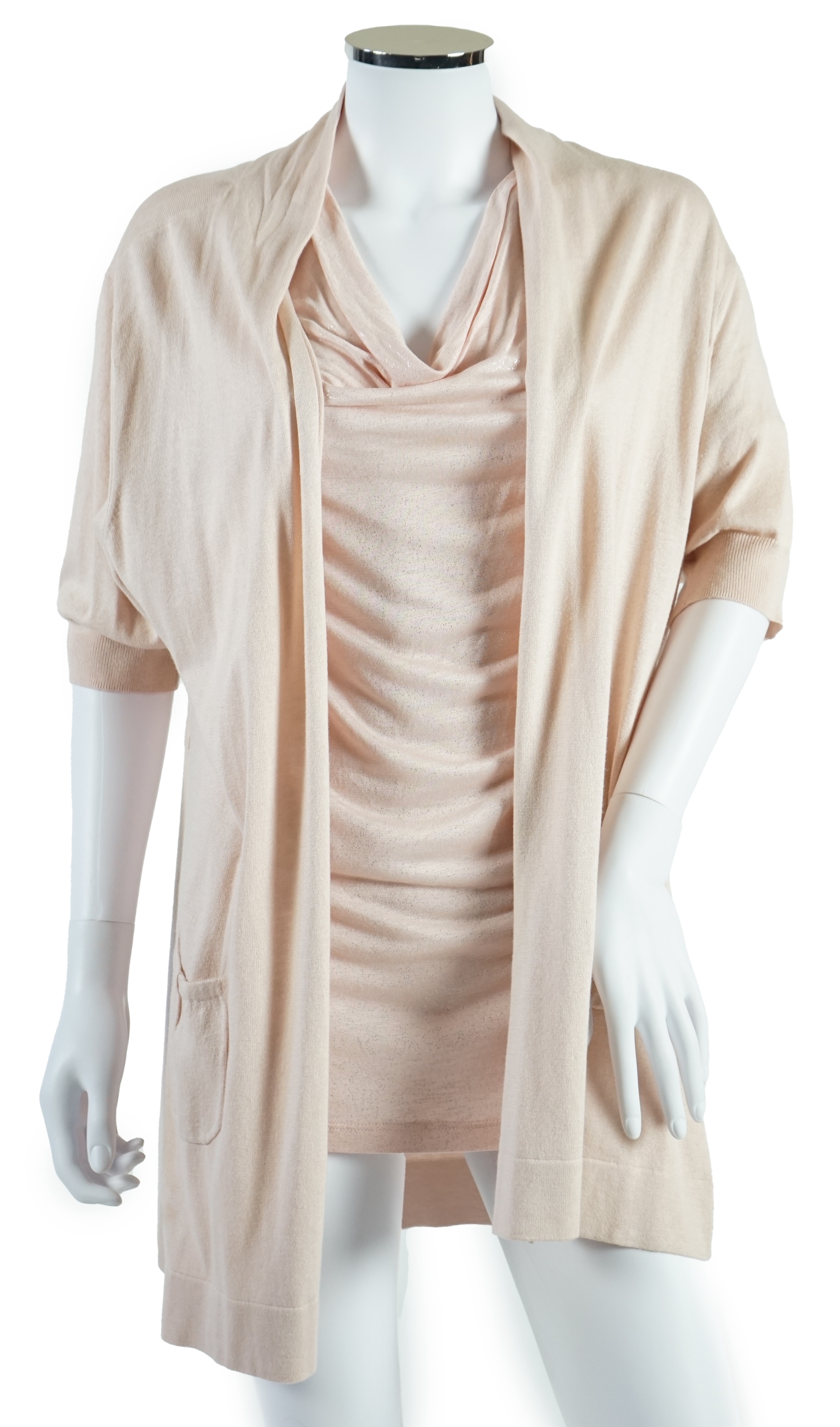 A Basler lady's pink down jacket, another coat with matching cardigan, a long sleeve t-shirt and a metallic silver shirt. Approx sizes 14-16 Proceeds to Happy Paws Puppy Rescue